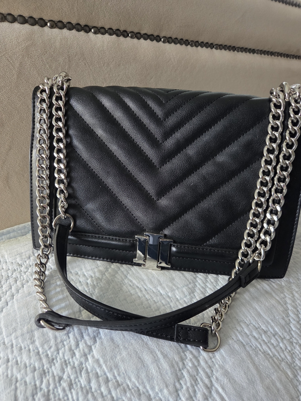 INC International Concepts Black Quilted Chevron Shoulder Bag with Silver Chain
